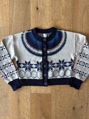 Maeve Anthropologie Blue Fair Isle Cropped Button Front Cardigan